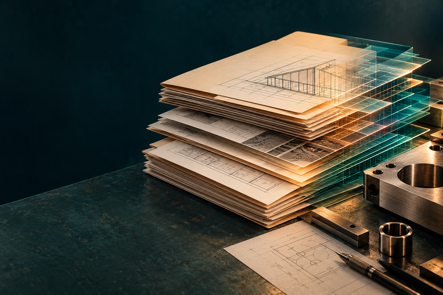 Conceptual artwork of technical folders becoming transparent layers of structured knowledge.